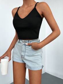 Cottnline Solid Crop Cami Top - Black - View 3