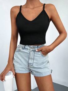 Cottnline Solid Crop Cami Top - Black - View 5