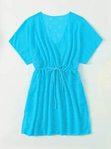 SHEIN Swim Vestido cover up de cintura con cordón de manga murciélago - Azul menta - Ver 5