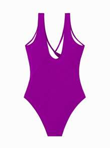 SHEIN Swim 素色側邊綁帶圍裹連體泳衣 - 紫羅蘭色 - 查看 3