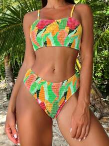Summer Allover Print Smocked Bikini Set - Green - View 4