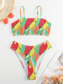 Summer Allover Print Smocked Bikini Set - Green - View 5