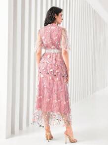 Modelyn Floral Embroidery Mesh Overlay Dress - Baby Pink - View 2