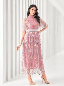 Modelyn Floral Embroidery Mesh Overlay Dress - Baby Pink - View 3