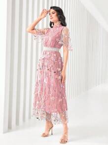 Modelyn Floral Embroidery Mesh Overlay Dress - Baby Pink - View 5