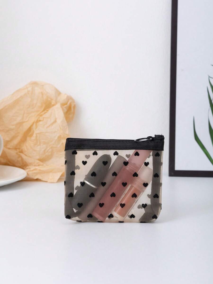 1pc Heart Pattern Mesh Mini Makeup Storage Bag, Fabric Portable Makeup Storage Bag For Household And Travel - Multicolor - View 1
