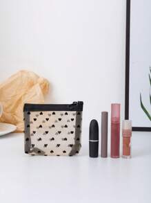 1pc Heart Pattern Mesh Mini Makeup Storage Bag, Fabric Portable Makeup Storage Bag For Household And Travel - Multicolor - View 3