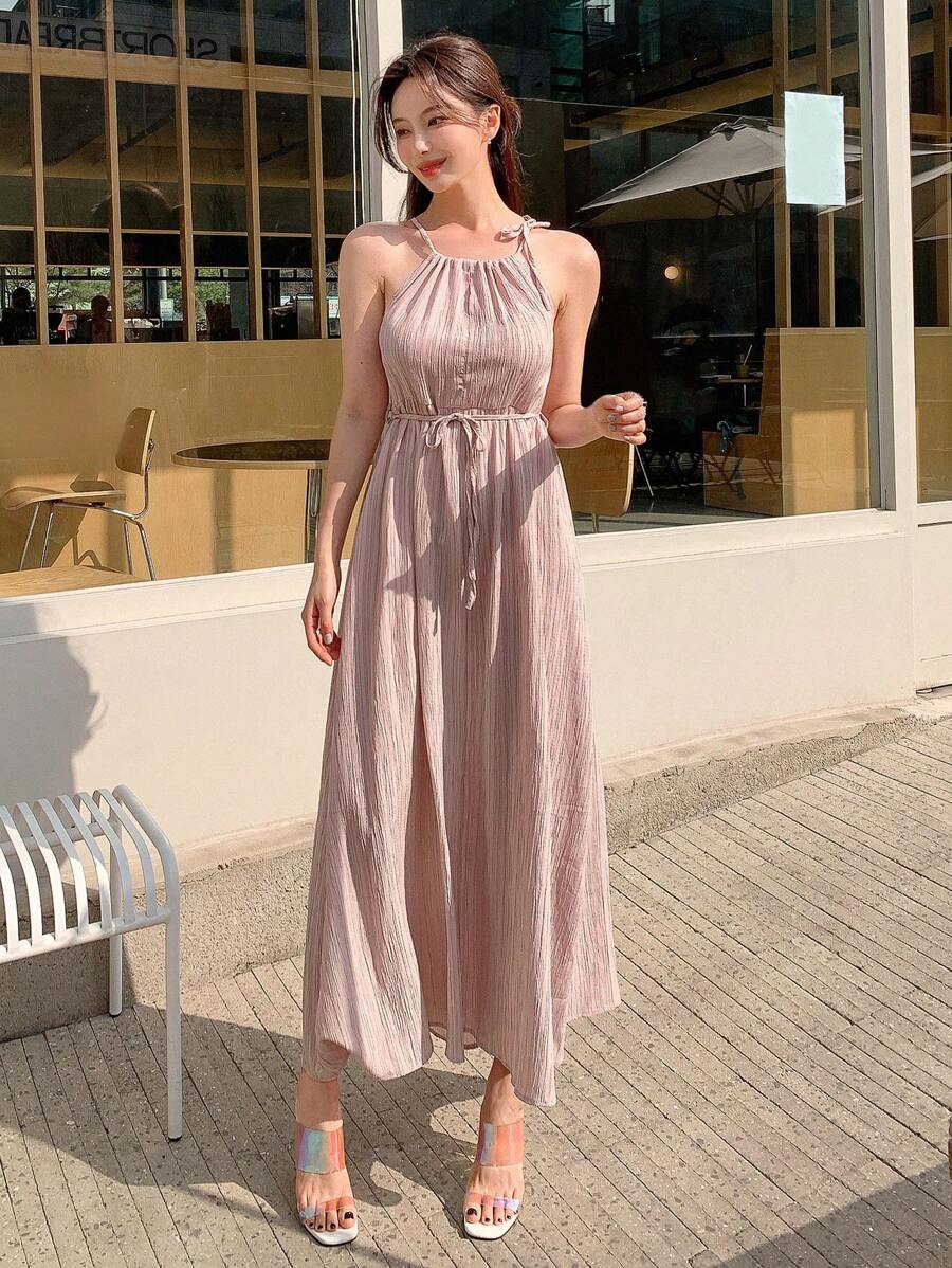 DAZY Solid Belted Halter Neck Cami Dress - Pink - View 1