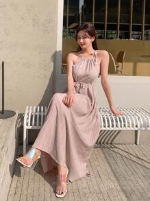 DAZY Solid Belted Halter Neck Cami Dress - Pink - View 2