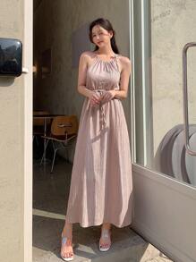 DAZY Solid Belted Halter Neck Cami Dress - Pink - View 8