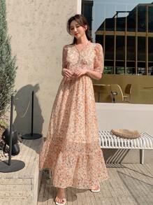 DAZY Đầm viền lá sen Viên lá sen Họa tiết hoa Boho - trái cam - Xem 1