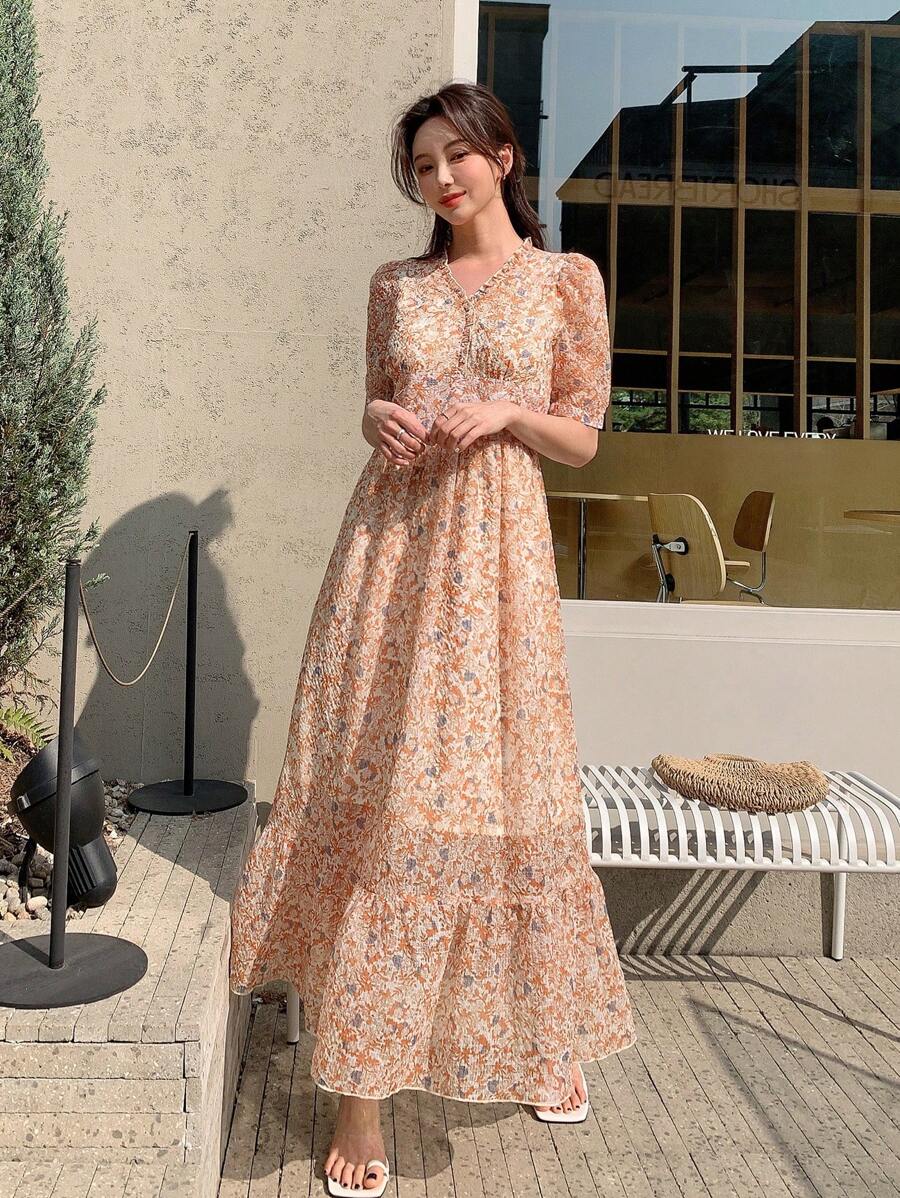 DAZY Đầm viền lá sen Viên lá sen Họa tiết hoa Boho - trái cam - Xem 1