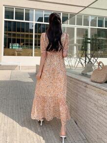 DAZY Đầm viền lá sen Viên lá sen Họa tiết hoa Boho - trái cam - Xem 2