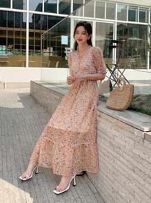 DAZY Đầm viền lá sen Viên lá sen Họa tiết hoa Boho - trái cam - Xem 3