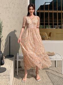 DAZY Đầm viền lá sen Viên lá sen Họa tiết hoa Boho - trái cam - Xem 7