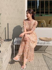 DAZY Đầm viền lá sen Viên lá sen Họa tiết hoa Boho - trái cam - Xem 8