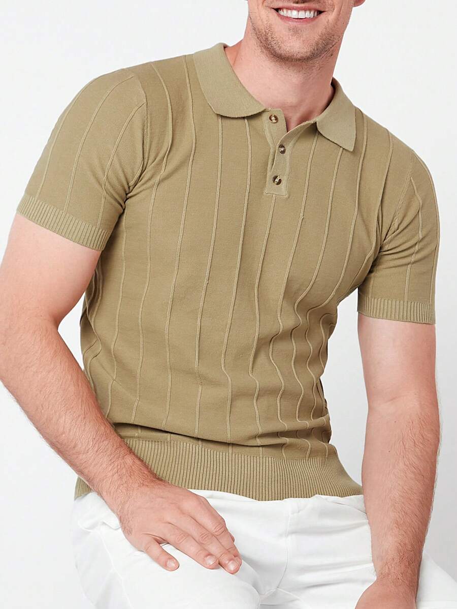 GENTILAND 男士素色條紋針織上衣 - 卡其色 - 查看 1