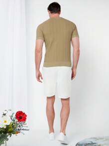 GENTILAND 男士素色條紋針織上衣 - 卡其色 - 查看 3