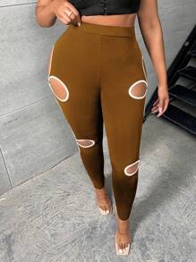 Slaydiva Quần lót kích thước lớn Cắt ra Nhẫn Tương phản ràng buộc màu trơn Giải trí - Cà phê nâu - Xem 3