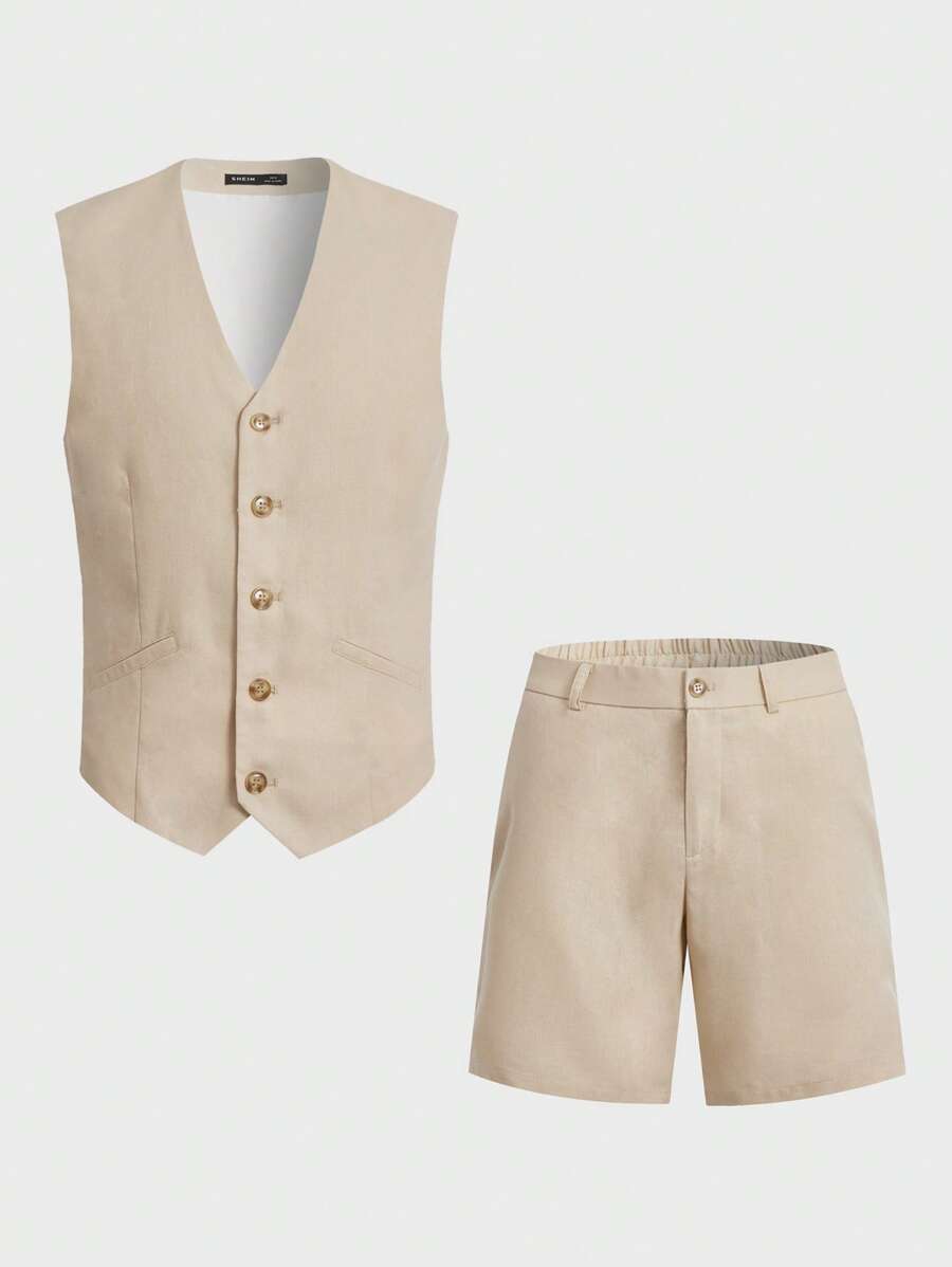 GENTILAND Men Button Front Waistcoat & Shorts - Khaki - View 1