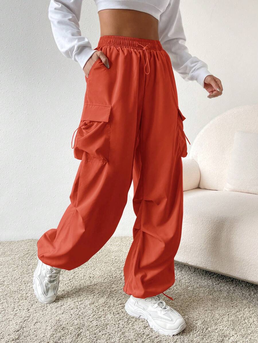 SHEIN EZwear 側翻蓋口袋腰部抽繩工裝褲 - 鏽棕色 - 查看 1