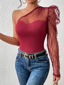 SHEIN Privé 單肩網紗拼接上衣 - 酒紅色 - 查看 3