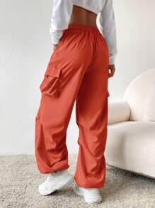 SHEIN EZwear 側翻蓋口袋腰部抽繩工裝褲 - 鏽棕色 - 查看 2