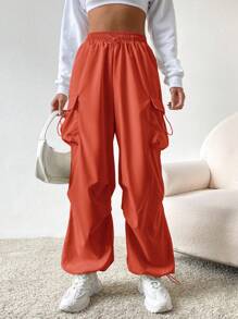 SHEIN EZwear 側翻蓋口袋腰部抽繩工裝褲 - 鏽棕色 - 查看 3