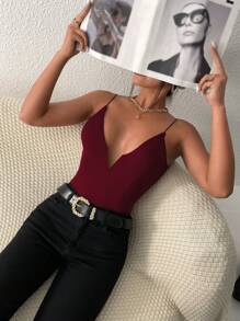 SHEIN PETITE Solid Plunging Neck Cami Red Bodysuit - Burgundy - View 3