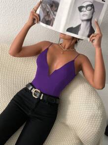 SHEIN PETITE Solid Plunge Neck Cami Bodysuit - Violet Purple - View 4