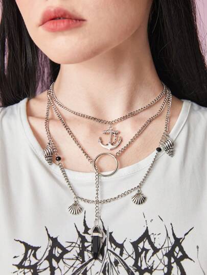 Kawaii Mehrschichtige Halskette mit geometrisch & Muschel Dekor,