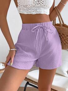 SHEIN VCAY 素色腰上打結短褲 - 淡紫色 - 查看 1