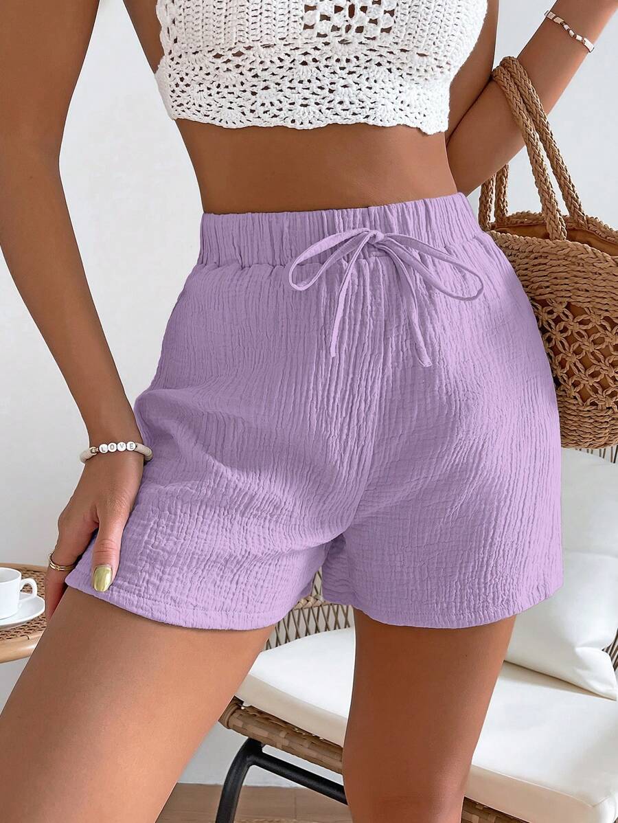 SHEIN VCAY 素色腰上打結短褲 - 淡紫色 - 查看 1