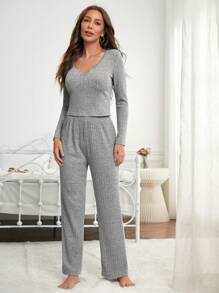 SHEIN Set homewear de cuello notch tejido de canalé