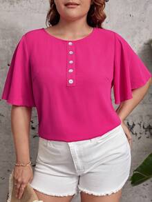 SHEIN LUNE Plus Half Button Butterfly Sleeve Blouse - Hot Pink - View 4