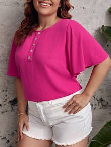 SHEIN LUNE Plus Half Button Butterfly Sleeve Blouse - Hot Pink - View 7