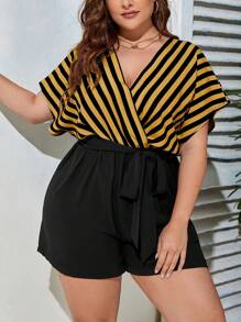 Firerie Plus Striped Print Surplice Neck Batwing Sleeve Belted Romper - Multicolor - View 5