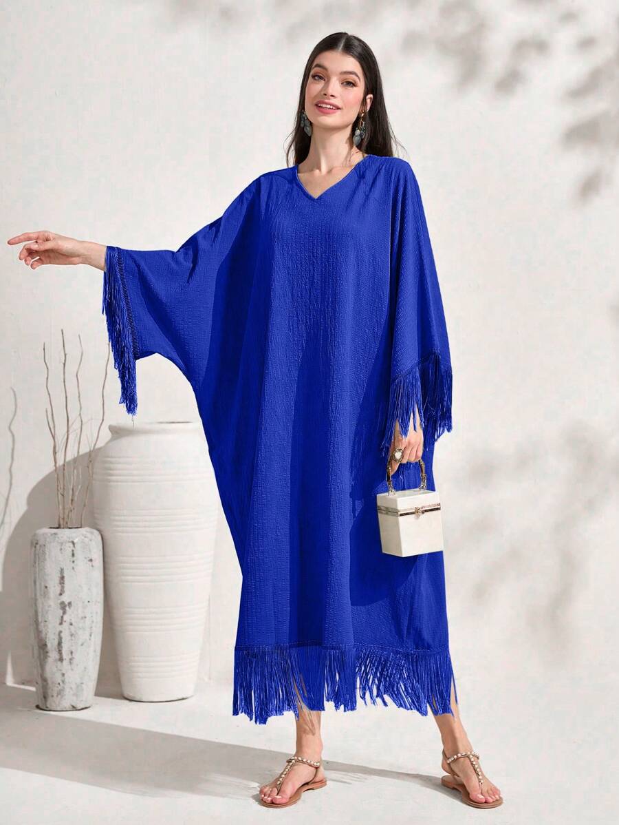 Al Najma Fringe Trim Batwing Sleeve Dress, Modest - Royal Blue - View 1