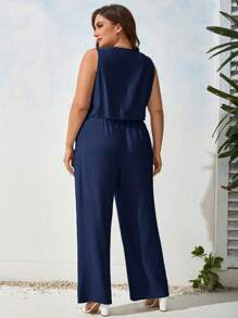 SHEIN LUNE Plus Solid Blouse & Slant Pocket Trousers - Navy Blue - View 2