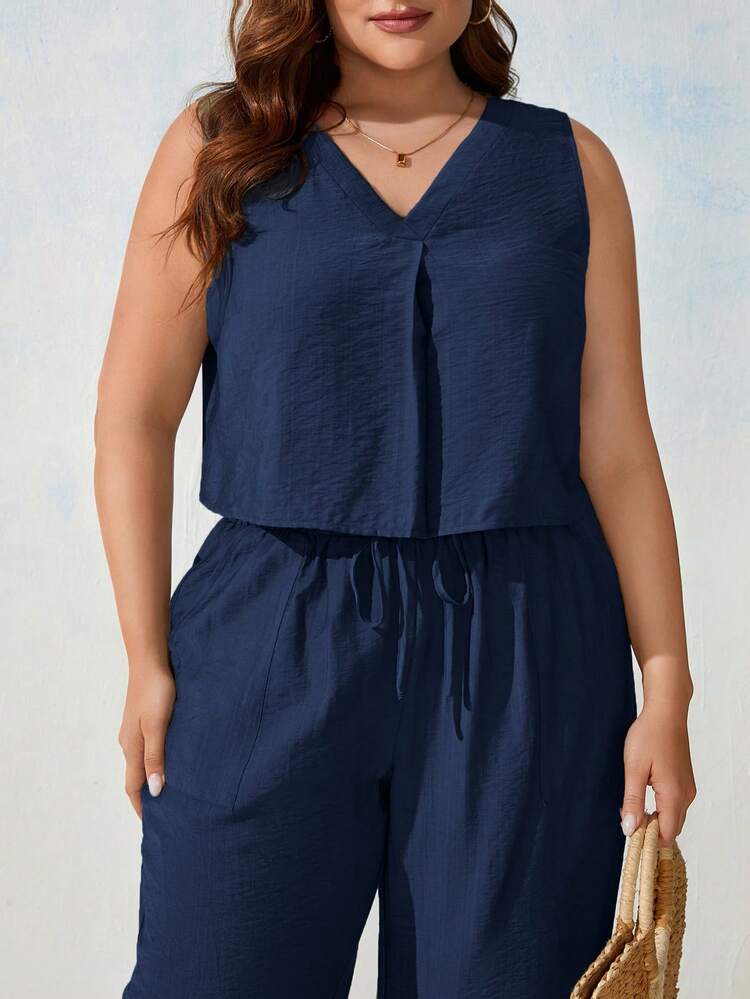 SHEIN LUNE 大碼素色襯衫和斜口袋長褲 - 藏蓝色 - 查看 4