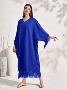 Al Najma Fringe Trim Batwing Sleeve Dress, Modest - Royal Blue - View 3