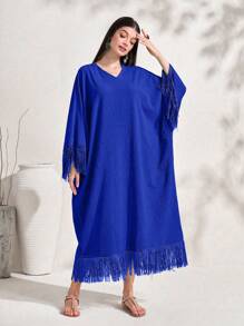 Al Najma Fringe Trim Batwing Sleeve Dress, Modest - Royal Blue - View 4