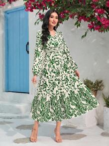 Mulvari Đầm Thắt lưng Viên lá sen Hoa Thực vật Boho - Màu be - Xem 1