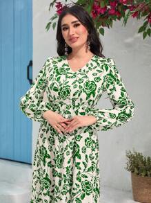 Mulvari Đầm Thắt lưng Viên lá sen Hoa Thực vật Boho - Màu be - Xem 5
