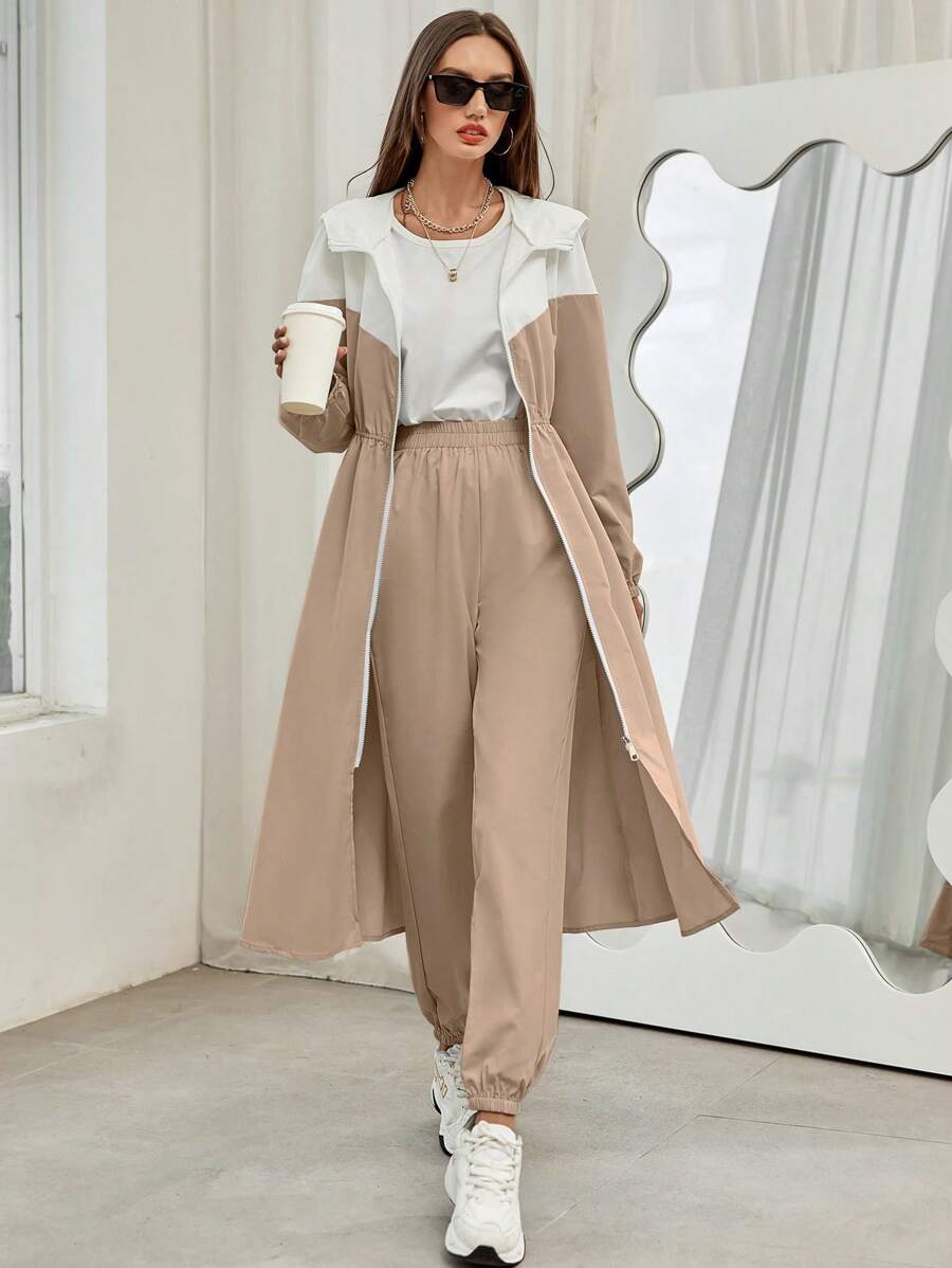 Mulvari Colorblock Zip Up Hooded Coat & Sweatpants 2 Pieces Set - Khaki - View 1
