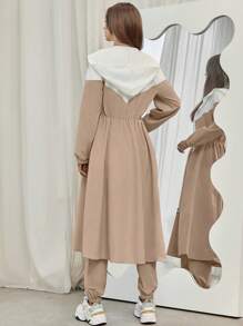 Mulvari Colorblock Zip Up Hooded Coat & Sweatpants 2 Pieces Set - Khaki - View 2