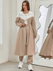 Mulvari Colorblock Zip Up Hooded Coat & Sweatpants 2 Pieces Set - Khaki - View 3