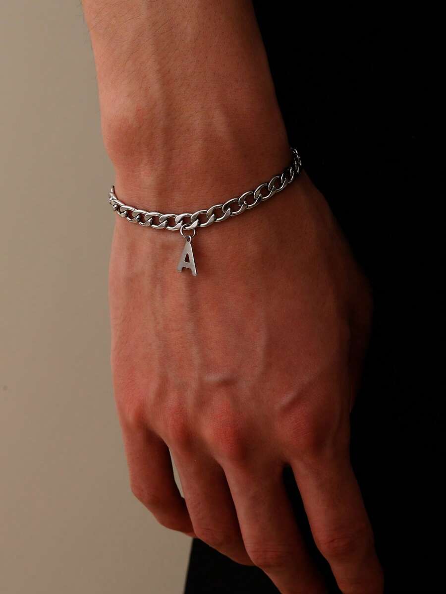 1pc Minimalist Silver Color Letter A Pendant Decor Chain Bracelet For Men For Daily Decoration Stainless Steel for Jewelry Gift - Silver - View 1
