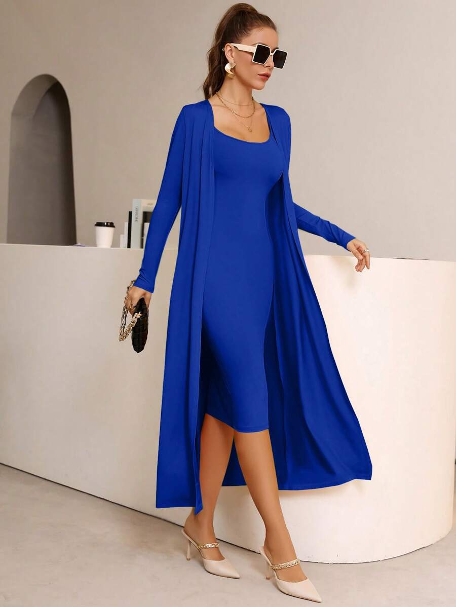 Seusyu Solid Cami Bodycon Dress & Open Front Coat - Royal Blue - View 1