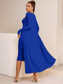 Seusyu Solid Cami Bodycon Dress & Open Front Coat - Royal Blue - View 2